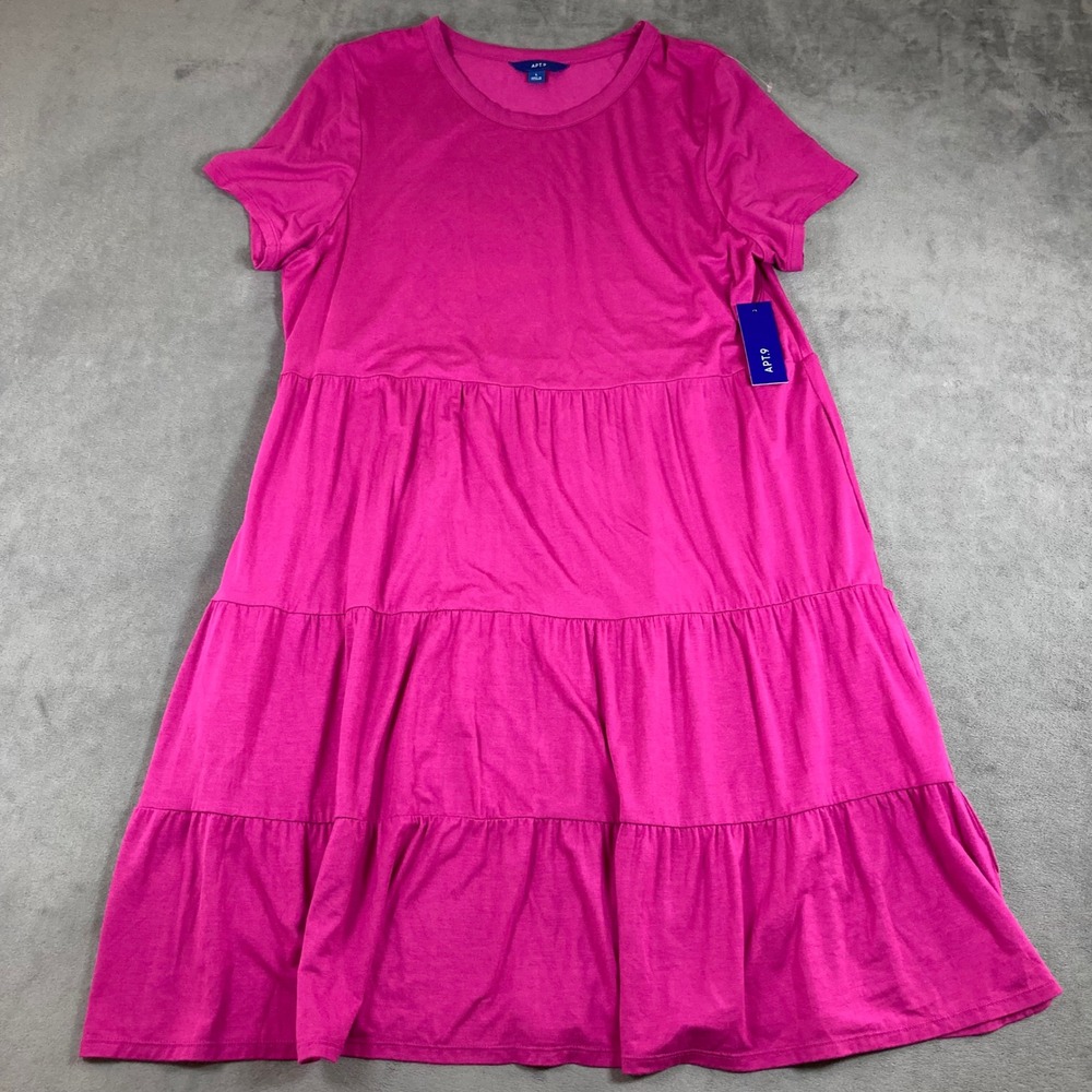 Apt 9 Womens Tiered Babydoll Dress Fuchsia Pink Short Sleeve Large New